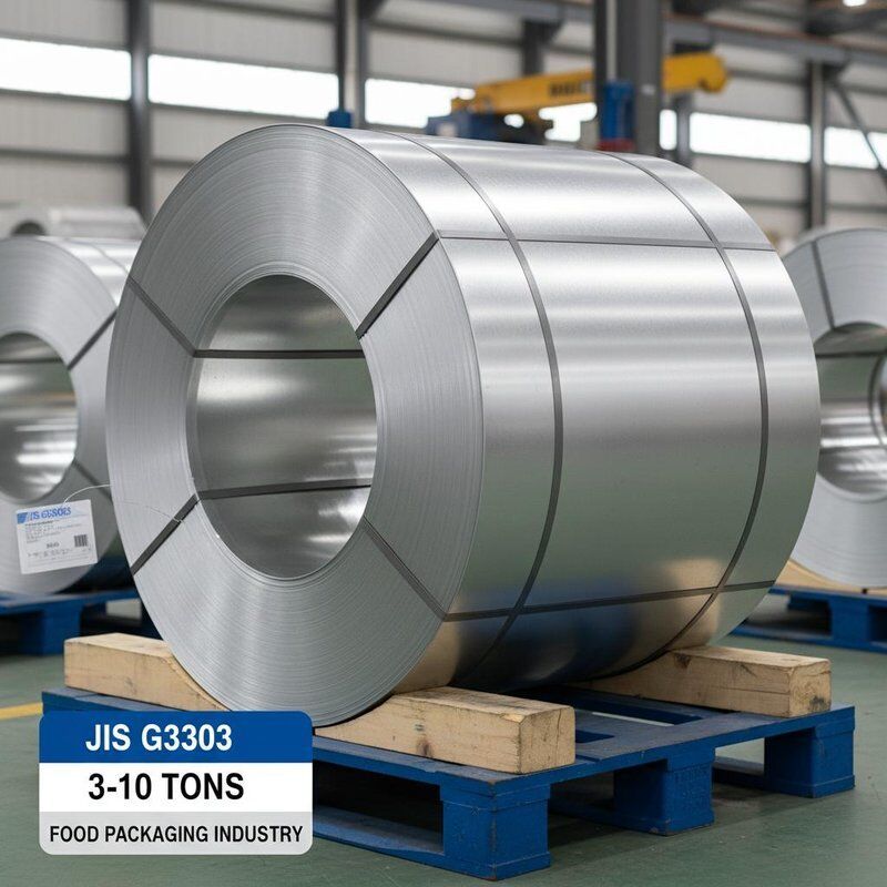 Gulungan Tinplate Kaleng Makanan Berat Gulungan 3-10 Ton Standar JIS G3303 Bahan Kuat Cocok untuk Industri Pengemasan Makanan